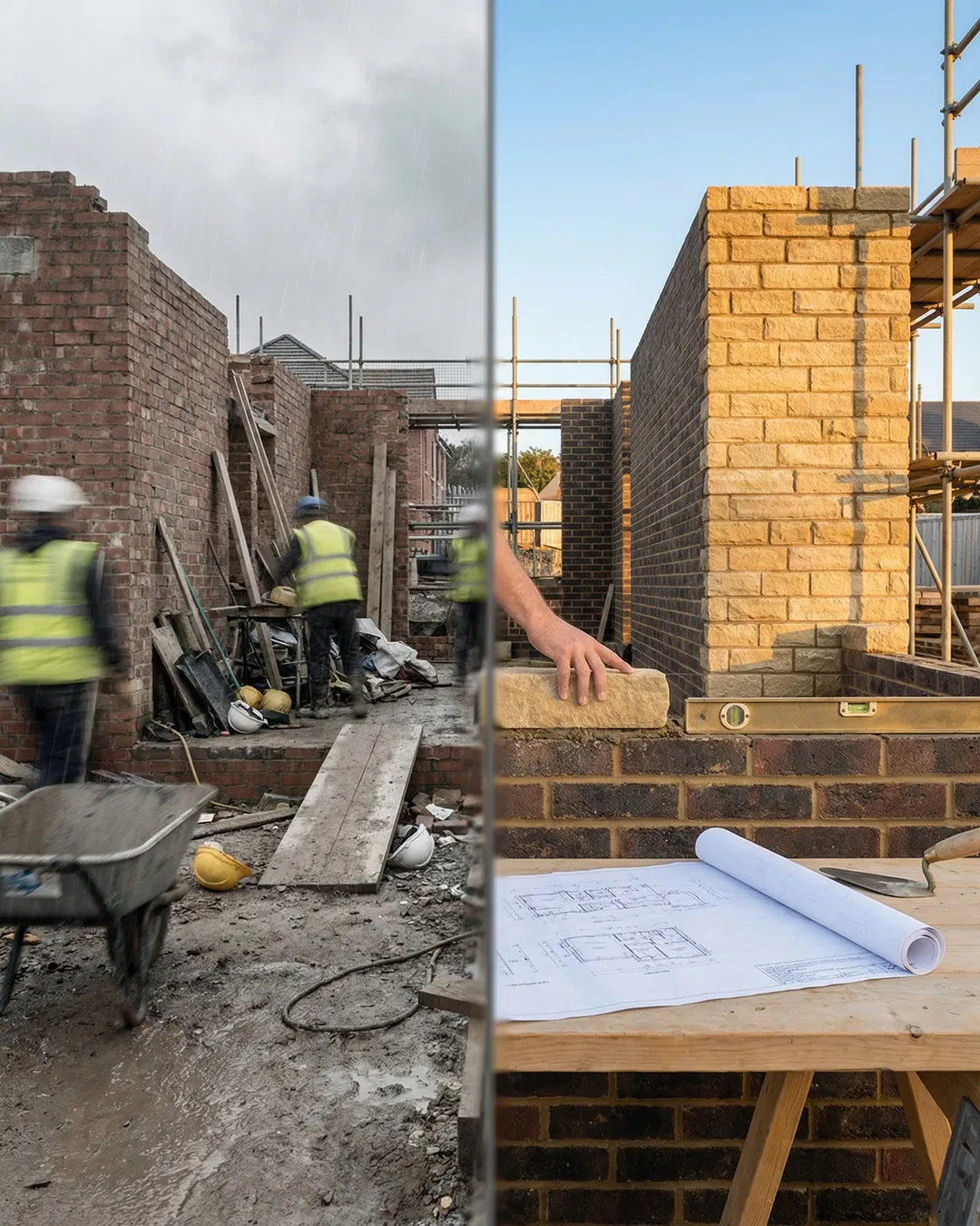 Split image showing the contrast between a chaotic unplanned construction site on the left and a precisely engineered brick build with architectural drawings and spirit level on the right — illustrating Ilkley Brickwork's engineering-first approach to home extensions in Yorkshire