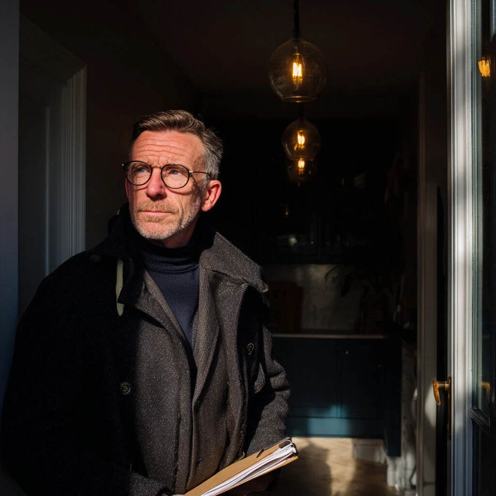 Man in coat holding clipboard, standing in doorway carrying out a surevy