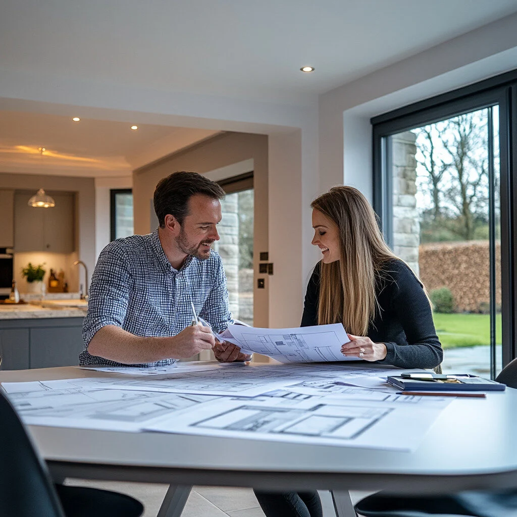 Architects discussing house plans in modern kitchen.