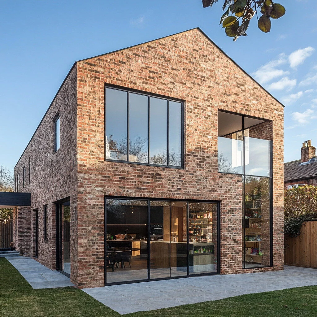 Modern home with clean lines, brick exterior, and large windows inspired by Leeds urban design.