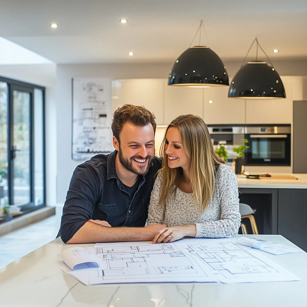 Couple sitting confidently at home with architectural drawings on the table, smiling and relaxed after hiring a design and build firm.
