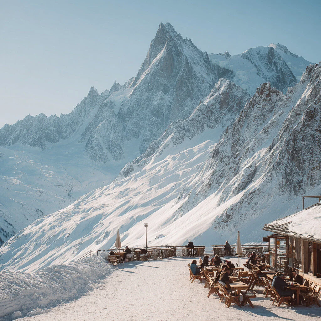 Alpine café in the snow beneath Mont Blanc, calm winter light, people at long wooden benches — setting for a reflection on craftsmanship and building work in Ilkley and Leeds.