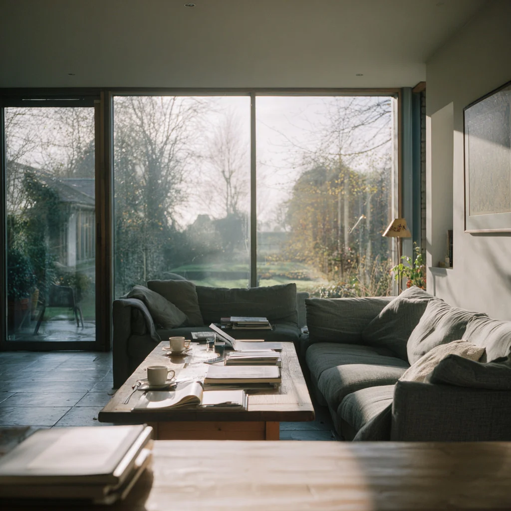 Calm, light-filled British living room with large glass doors opening to a winter garden, soft natural light, neutral tones, and a relaxed seating area suggesting a quiet moment of reflection.