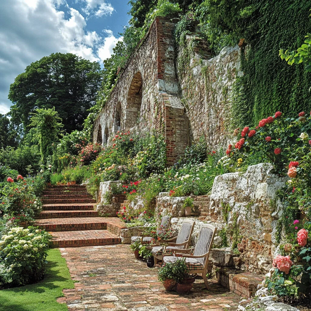 Large reataining wall above a path in a garden