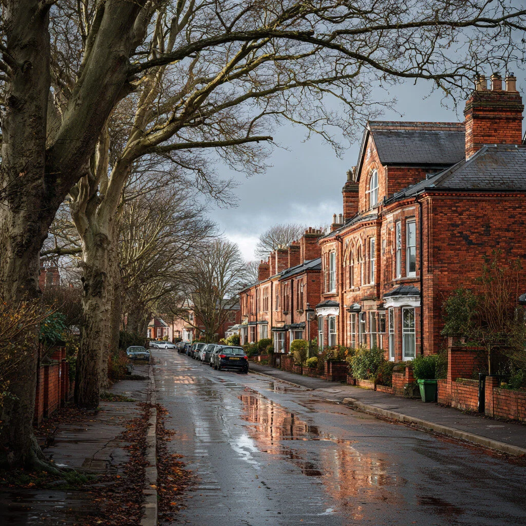 Quiet residential Yorkshire street with traditional red-brick Victorian terraces and wet road after rainfall