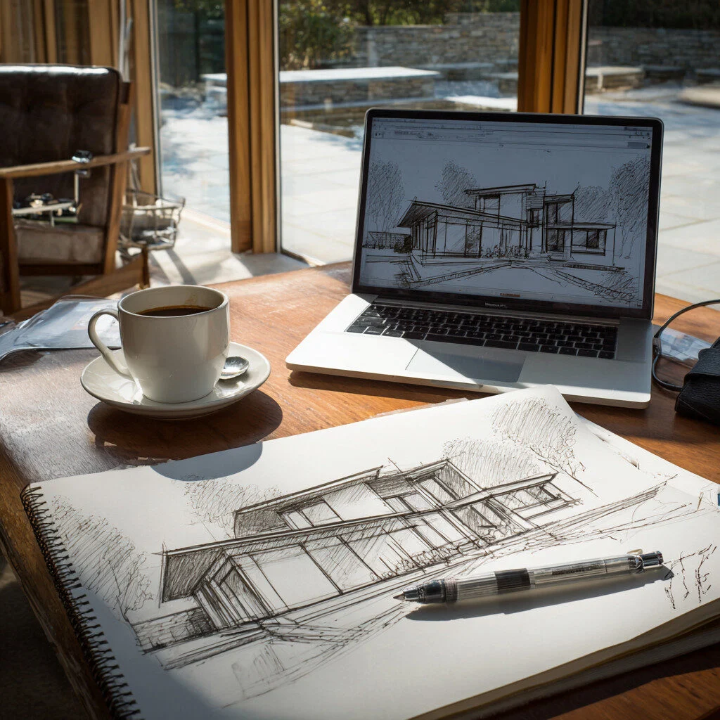 Architectural sketches on table with coffee and laptop.